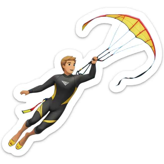 A kite surfer soaring above the waves, holding onto a kite with the wind in full force. The background showcases the ocean and sky, emphasizing the freedom, thrill, and energy of the sport. The motion of the kite and board is dynamic, capturing the excitement of kiting. sticker