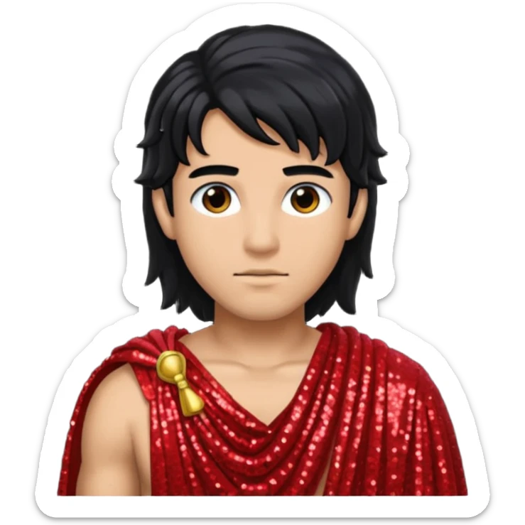 Adonis from Roman Deities with long black hair, red sequin toga sticker