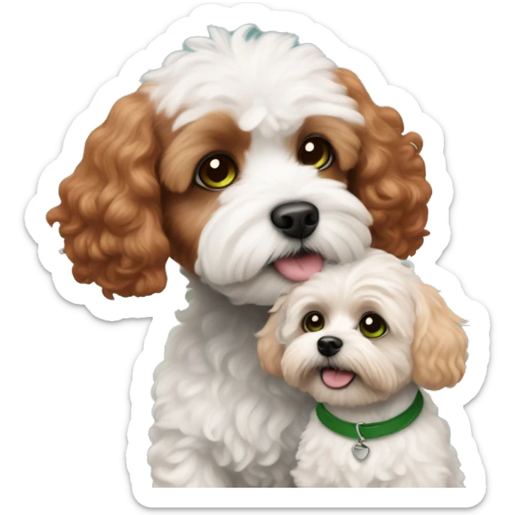 red haired girl with green eyes with her black land white Maltipoo dog sticker