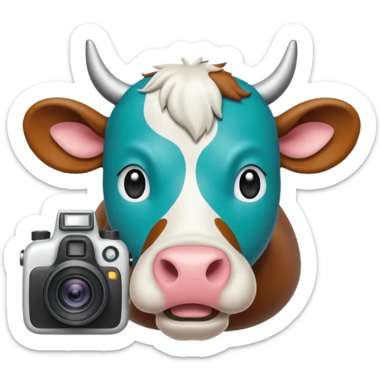Emoji-style icon of a cow and buffalo with a camera or scan frame, representing image upload for breed detection. Simple, friendly, rounded design, clear at small sizes, teal and white accents, no text, transparent background. sticker
