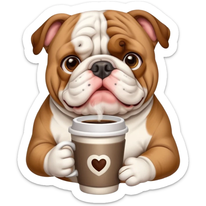 cute English bulldog holding a cup of coffee sticker