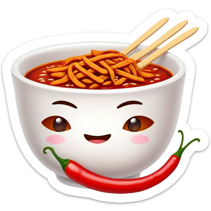 Spicy Gluten Strips in bowl with red chili oil, simplified emoji style with bold outlines and bright colors, cartoon style Chinese street food Mala Jisi sticker