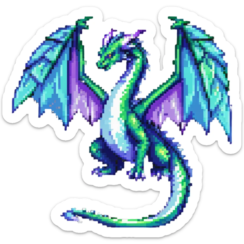mysterious dragon with a long tail, large wings, and a magical aura, in green, blue, and purple sticker