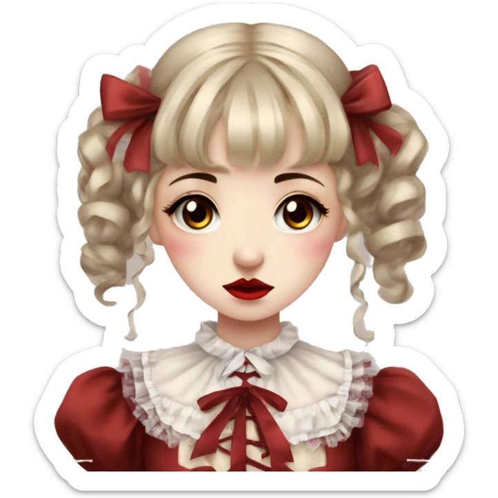 sad crying Japanese pale woman with drown curly pigtails and bangs, red lips and eyeshadow, long eyelashes, brown eyes, red Lolita dress with laces and ribbons, gothic Lolita doll look sticker