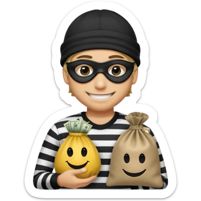 smiley robber wears black eye mask, black beanies and black and white stibes shirt with one money bag beside him sticker