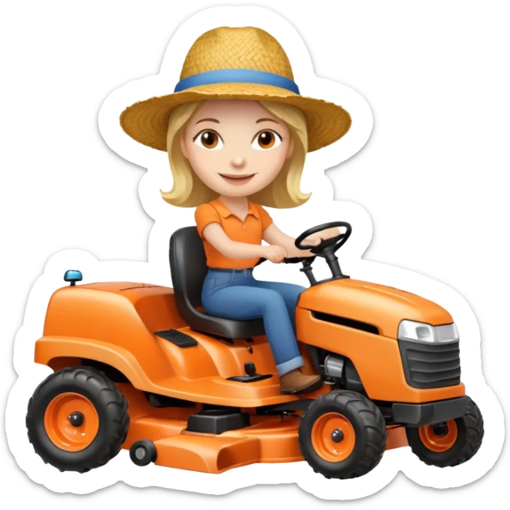 White woman without glasses wearing a straw hat, on orange ride on lawn mower.  sticker