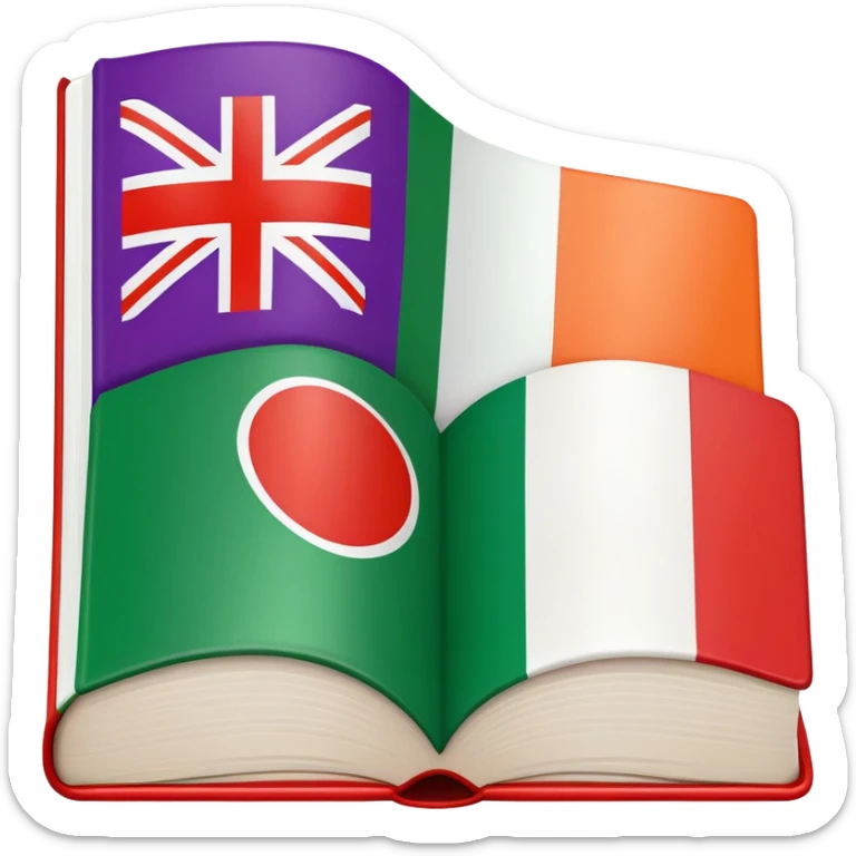 Italian to English dictionary book cover with correct Italian flag and extremely wrong British flag with completely incorrect colors like purple and orange or wrong symbols sticker