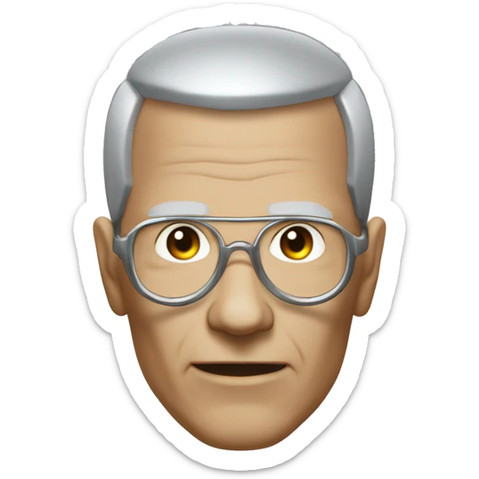 Older Male cyborg head with metallic plated face, brown flat top haircut, glasses and circuitry sticker
