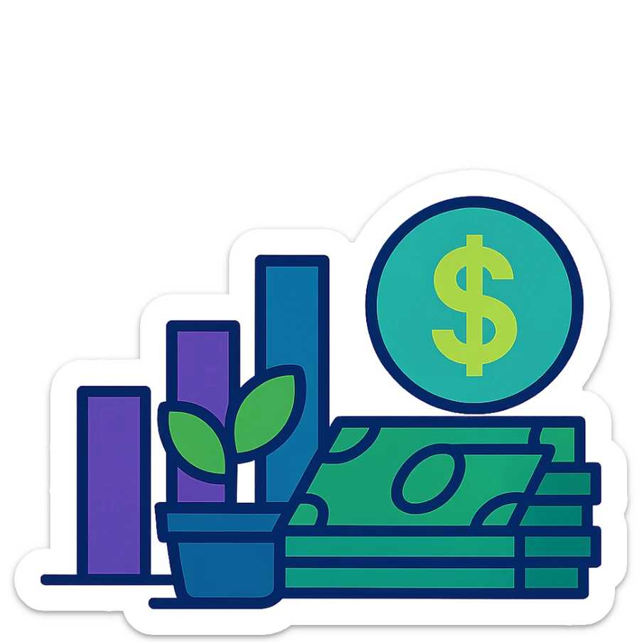 investment concept with upward arrow and money, with a different color scheme sticker