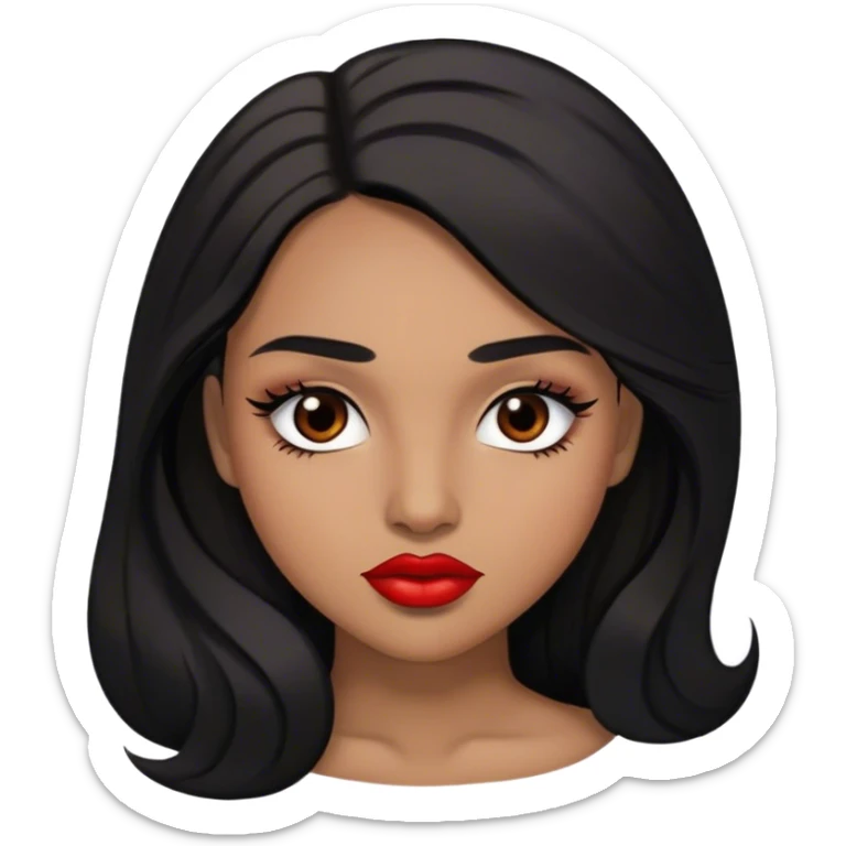 Woman, light brown skin, black long hair, medium arched eyebrows, brown eyes, full lashes, and red lips sticker