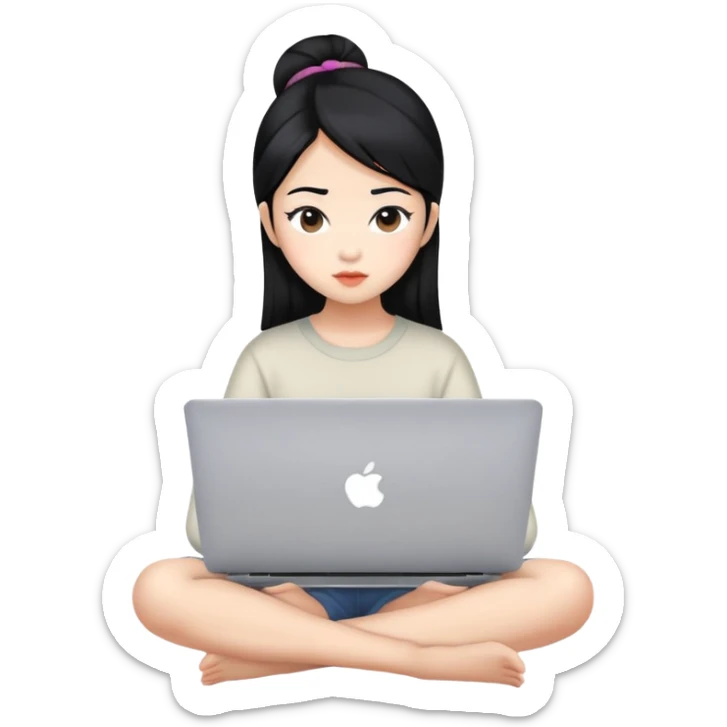 Asian girl with black hair sitting and watching a MacBook laptop sticker