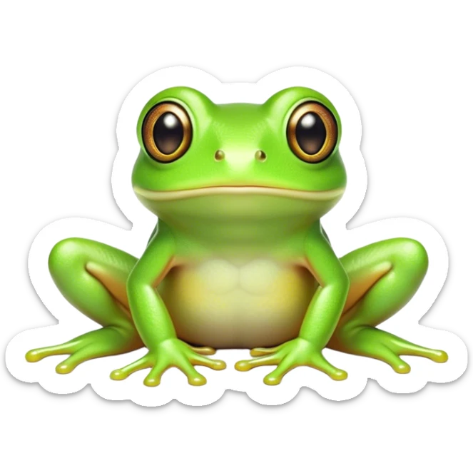 Cinematic Cute Green Tree Frog Portrait Emoji, Head tilted playfully and inquisitively, featuring a charmingly compact form with vivid green, slightly textured skin, prominent sticky toe pads, and round, sparkling eyes full of playful wonder, Simplified yet irresistibly adorable features, highly detailed, glowing with a warm, inviting jungle glow, high shine, affectionate and lively, stylized with a touch of tropical whimsy, soft glowing outline, capturing the essence of a mischievous yet loving frog that seems as if it could hop out of the screen into your arms! sticker