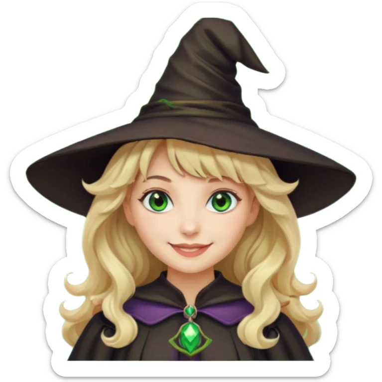 Mulher, branca, cabelos loiros e ondulados com uma franja, olhos verdes e roupa e chapéu de bruxa sticker