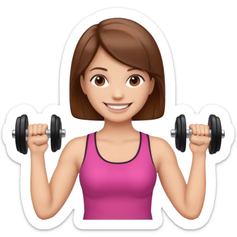 woman holding dumbbell in one hand and face roller in another, smiling, emoji style sticker