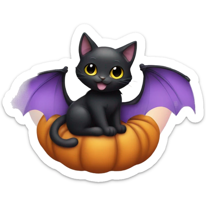Cute black cat with bat wings sitting on a pumpkin holding a pastel Purple Heart sticker