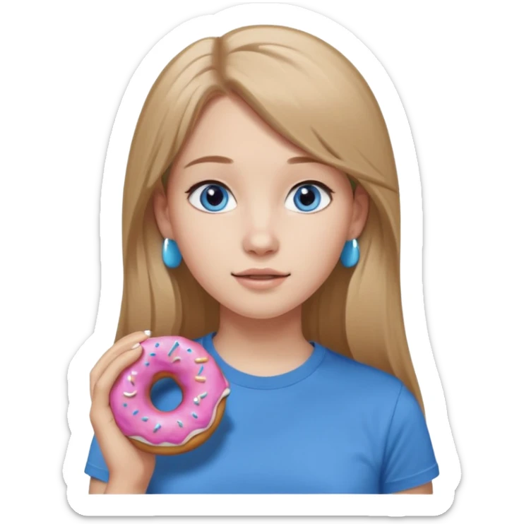 una ragazza dall‘ età di 19 anni con capelli biondo scuro lunghi e lisci ,  occhi celesti,  con addosso una maglietta con una ciambella e le cuffie airpods (bianche) ascoltando violetta sticker