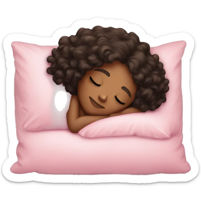 Sleeping girl on pink pillow dark curly hair light skin sticker