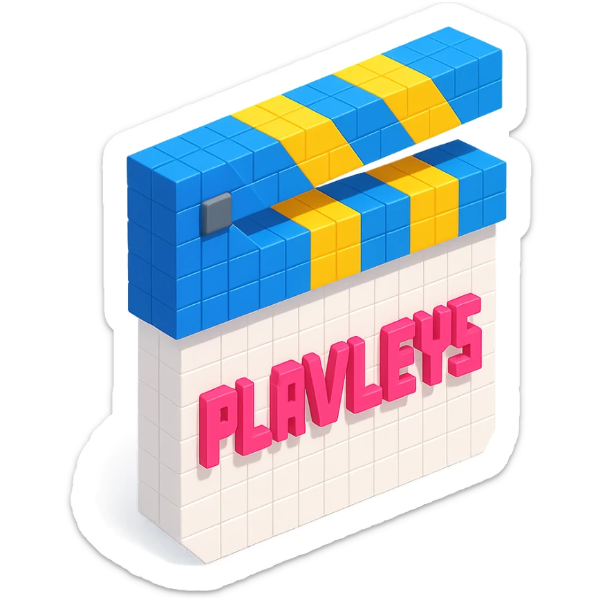voxel style movie clapperboard, white body, blue and yellow lid, pink text 'PLAVLEYS', isometric view sticker