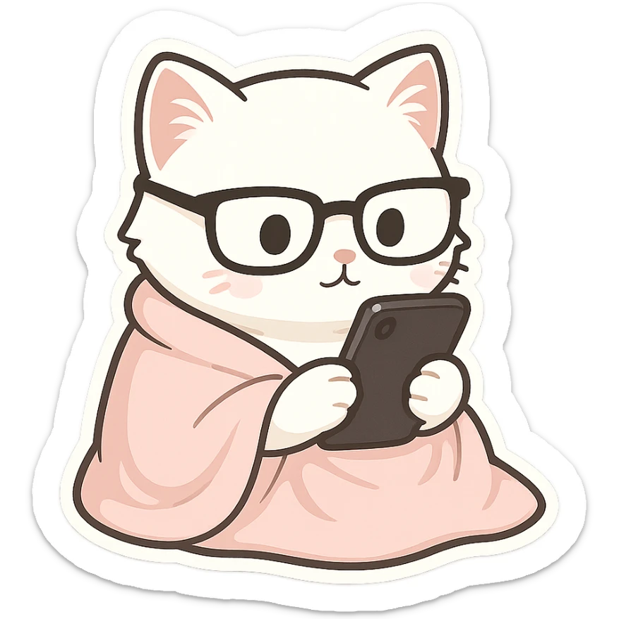Cat meme, a white cat wrapped in a blanket, wearing glasses, holding a mobile phone in both hands, looking at the phone sticker