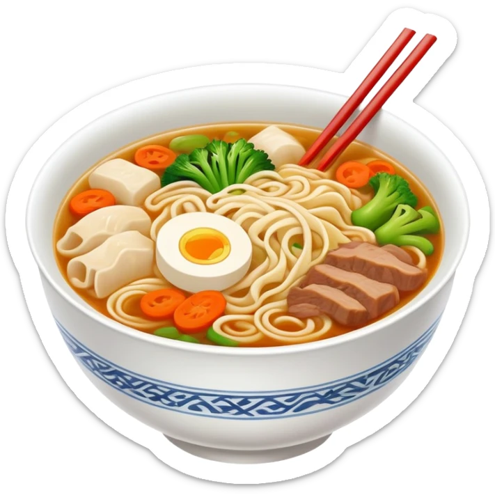 Henan Stewed Noodles with clear soup and vegetables, simplified emoji style with bold outlines and bright colors, cartoon style traditional Hui Mian in bowl sticker