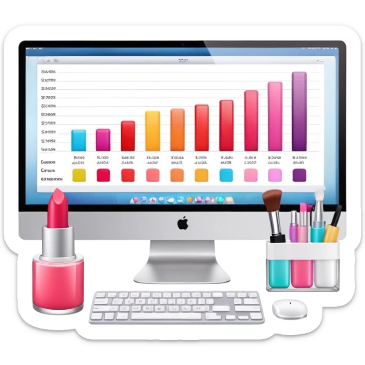 iMac computer with bar charts and beauty products like lipstick, nail polish, cream jars on the screen sticker
