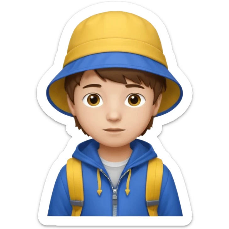 Little student, brown hair boy, wears blue bucket hat and jacket, yellow backpack, shy sticker