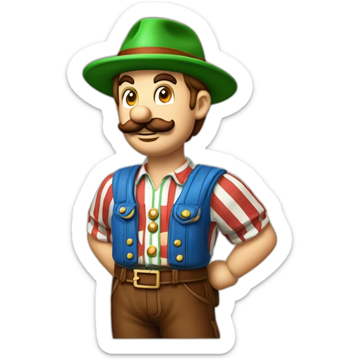 bavarian octoberfest visitor in super mario style. With a green hat, blue and white stripes shirt and brown leather pants.  sticker