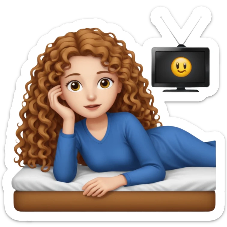 garota branca com olhos castanhos claros e cabelo cacheado longo da mesma cor dos olhos, deitada na cama assistindo tv  sticker
