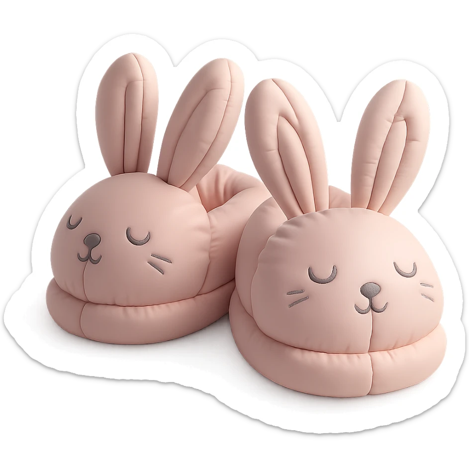 pair of bunny slippers with floppy ears and embroidered eyes, cozy and rounded, pastel palette, cushion style sticker
