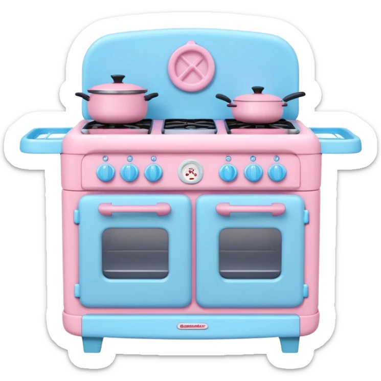 Cute toy kitchen stove, BabyBus 2.5D style, front view. Pastel colors, soft shading, even studio light.
No outlines, no realism, no harsh shadows. sticker