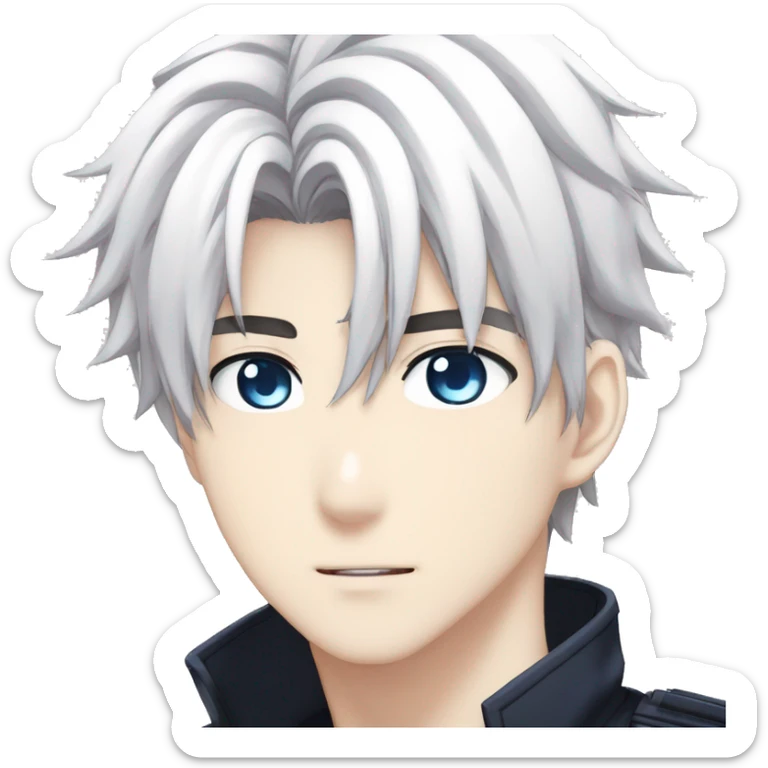 Anime guy, white hair, messy hair, medium length hair, blue eyes, blue glowing eyes, beautiful face, dark uniform, Japanese school uniform, white eyebrows, white eyelashes sticker