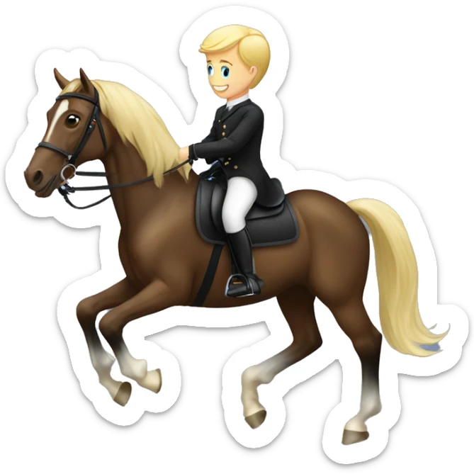 A blonde boy riding a black dressage horse sticker