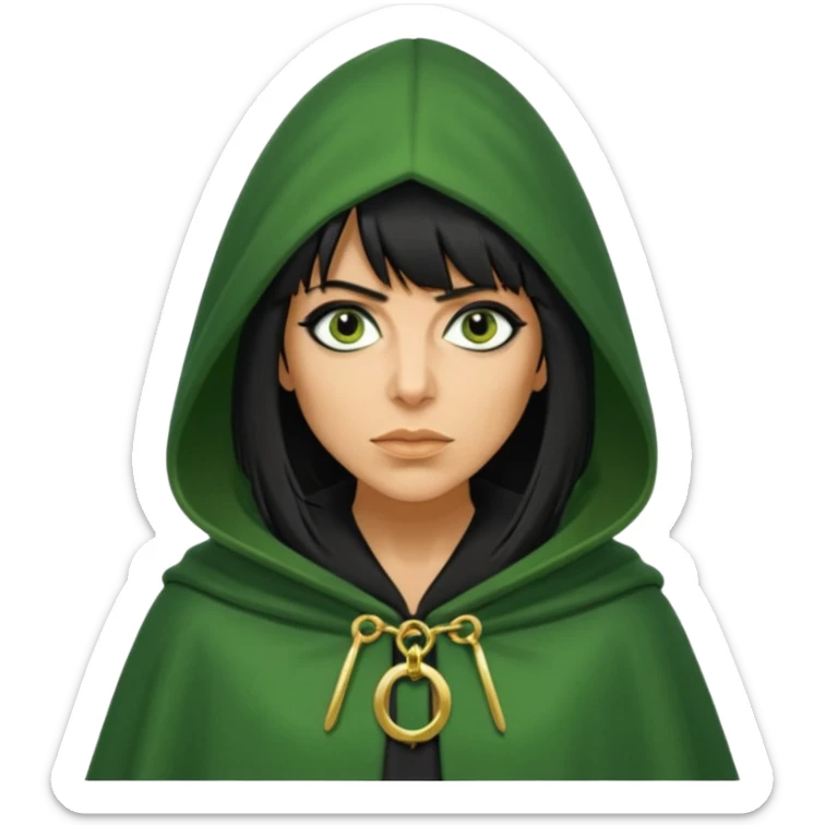 claudia winkleman with a heavy fringe and a fake tan as a traitor with a green hooded cloak with a gold clasp and dark black eyeliner sticker