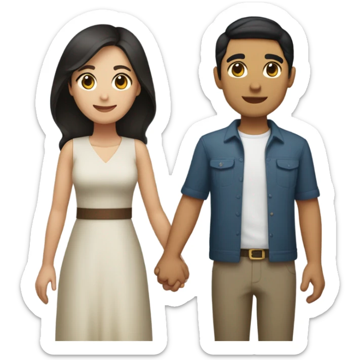 a couple holding hands. the guy has black middle part hair and is Persian and Filipino mix. the girl has brown brunette medium length hair white and asian mix. sticker