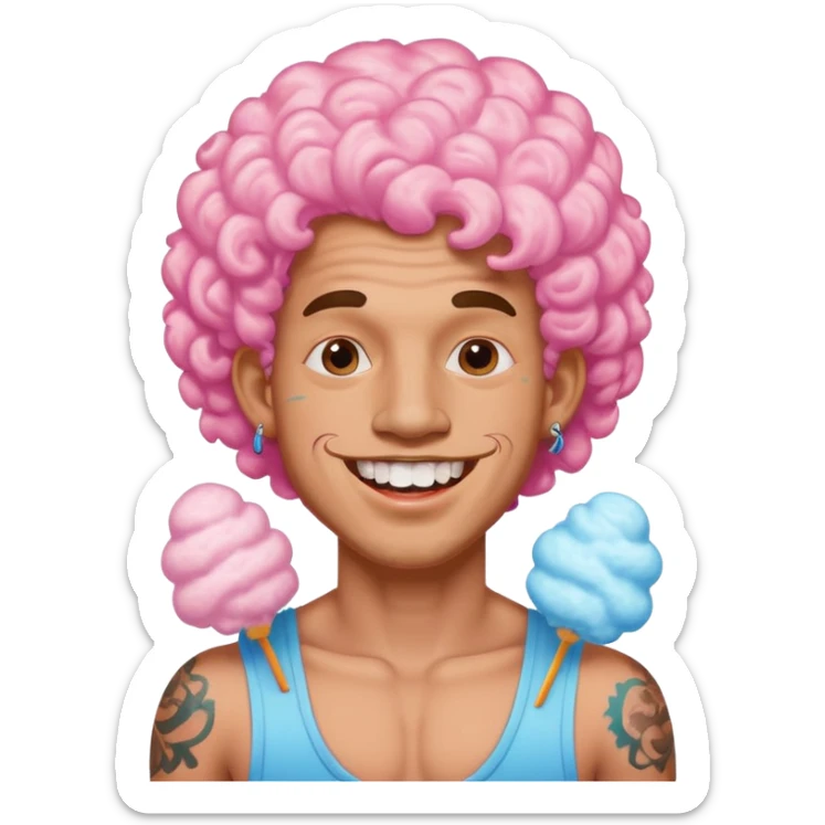 very cheerful colorful puffy curly haired man made out of cotton candy with teeth-braces and tattoos and face tattoos just face  sticker