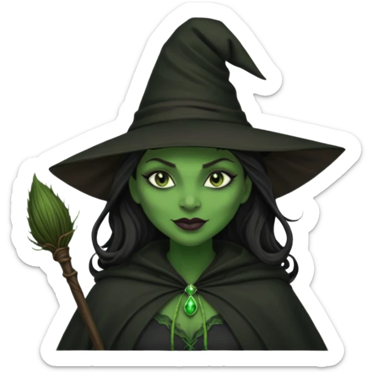 elphaba wicked witch with broom close up, evil dark coily long dark hair, green skin, thick green lips, cheekbones, smirk evil menacing cythia erivo dark aesthetic black hat cloak dark broom sticker