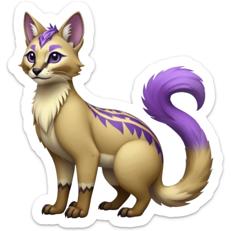 banana-cream-colored fur base coat, with violet-pointed, tropical tribal glorious divine exotic cute cool beautiful beautiful fantasy-caracal-civet-genet-sergal-vernid-Gryphon-Cacomistle-Trico-oncilla-animal-Fakémon-hybrid-fursona (full body) sticker