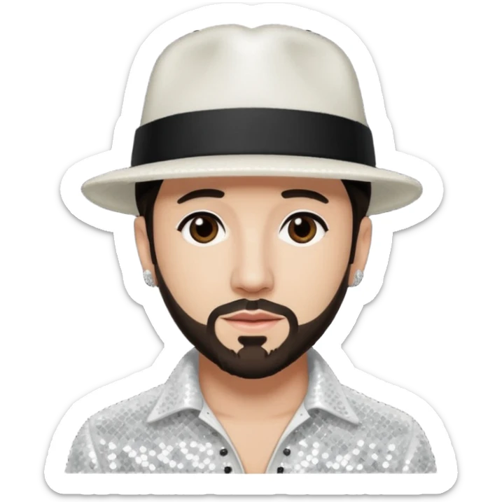 AJ McLean from Backstreet Boys with dark brown hair, black hat, white sequin outfit sticker