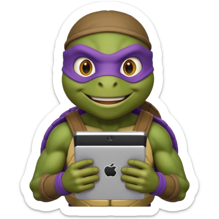 Donatello from Teenage Mutant Ninja Turtles, emoji style, holding a tablet with a hacking screen and smiling sticker