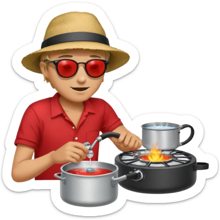 A camper boiling water on a portable stove, enjoying the outdoor breeze.
 sticker