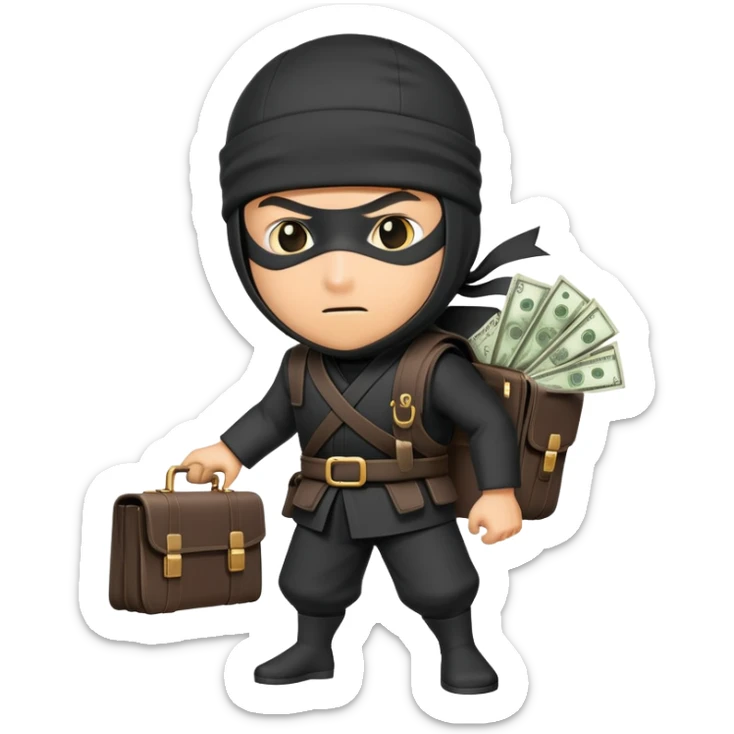Ninja with briefcase full of money, cash sticking out, stealthy pose sticker