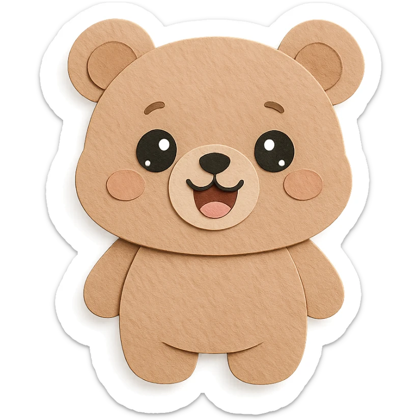 super cute, soft, adorable little bear in paper craft style, soft pastel brown color, happy open-mouth smile, round face, big sparkling eyes, round ears, chubby body, extremely soft and cute expression, clean lines sticker
