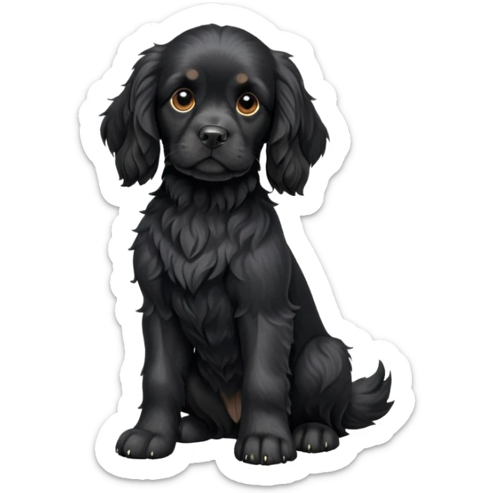 cinematic-[black cocker spaniel dog]-realistic-full-body-sitting-emoji,-tail-resting-loosely-beside-its-paws,-head-tilted-dramatically,-scruffy-[solid black]-fur,-simplified-yet-realistic-focused-features,-highly-detailed,-glowing-with-an-almost-sarcastic-glow sticker