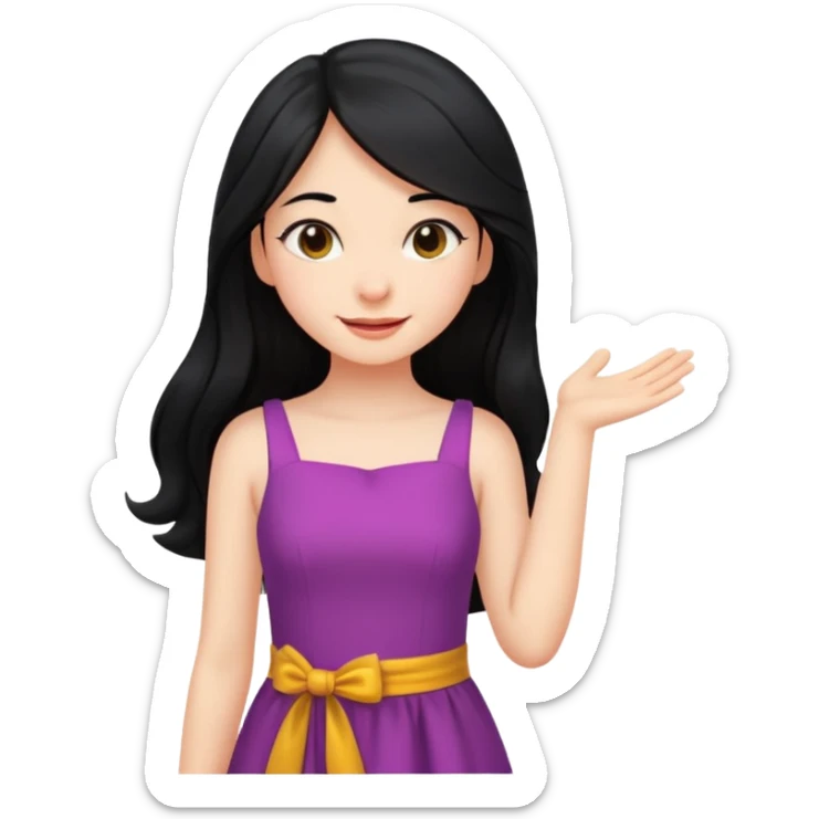 cewe rambut panjang hitam ceria keliatan setengah badan aja dan badannya kayak lagi nyender ke sesuatu di sebelahnya bajunya ceria dress sticker