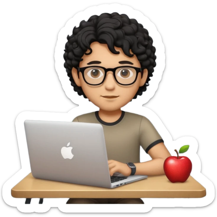 memoji of a man with a laptop in front, apple-style, modern, dark add a curly hair and glasses sticker