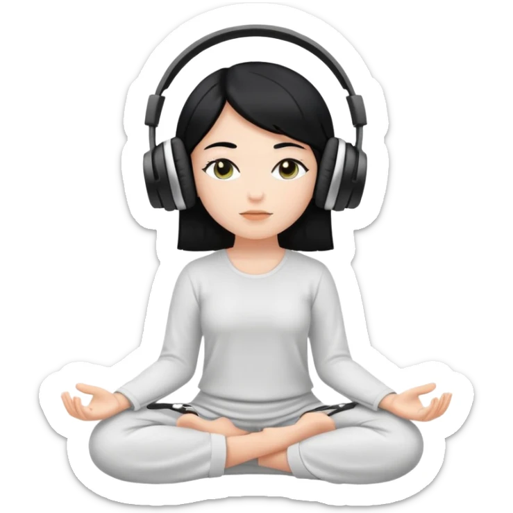 White girl, meditating with headphones on hair black sticker