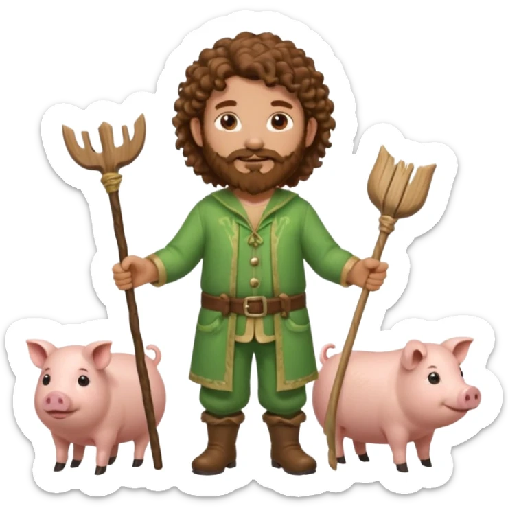 happy young shepard with long curly brown beard and long curly brown hair, in green magical outfit, with wooden shepard stick in hands, taking care of pigs sticker