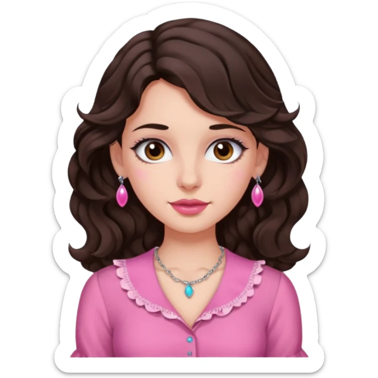 garota branquinha com olhos grandes castanho escuro e cabelo ondulado castanho bem escuro blusa rosinha coquette e piercing do ladinho do nariz  sticker