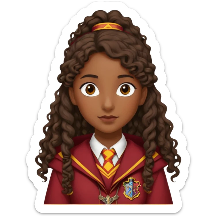 Alicia Spinnet in harry potter, wear hogwarts gryfindor uniform, long, dark, curly ponytail hair, dark skin sticker