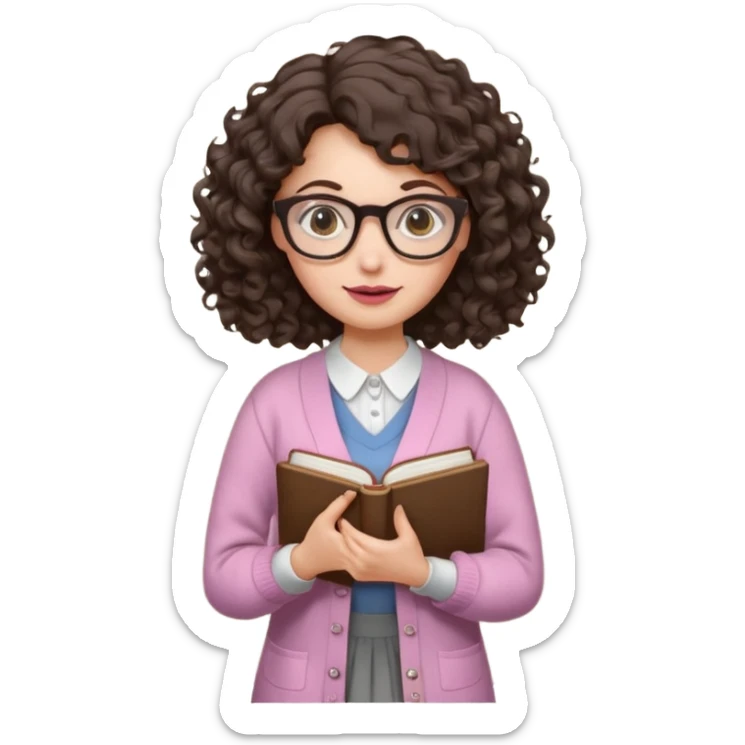 A crazy female scientist, with curly-wavy dark brown hair, brown eyes and light grey glasses and pale skin and pinkish lips, dressed to look like an english teacher sticker